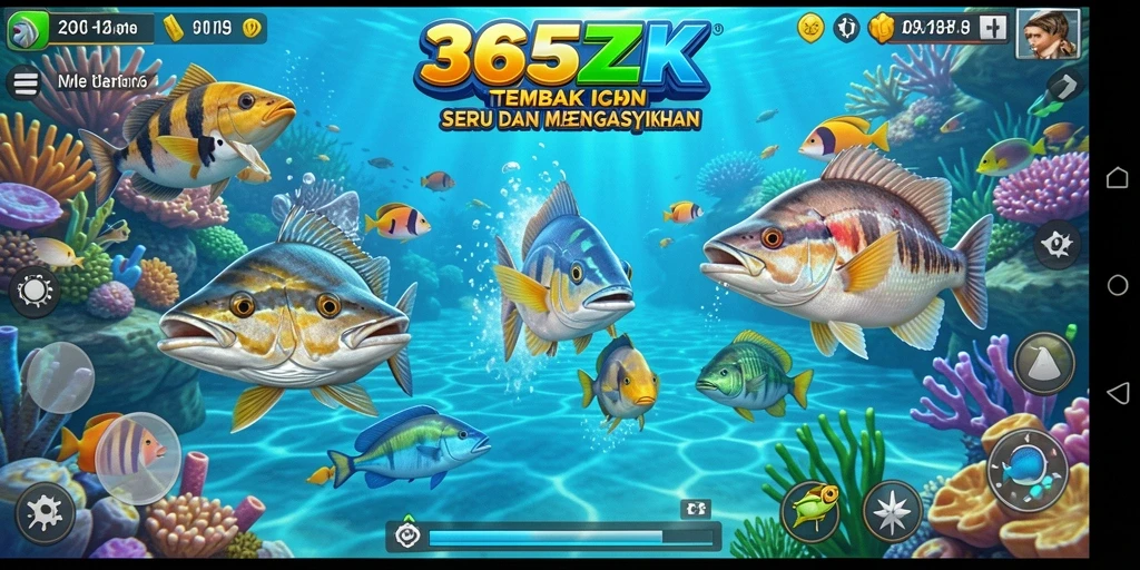 Screenshot gameplay menarik dari 365ZK dengan banyak ikan dan senjata.
