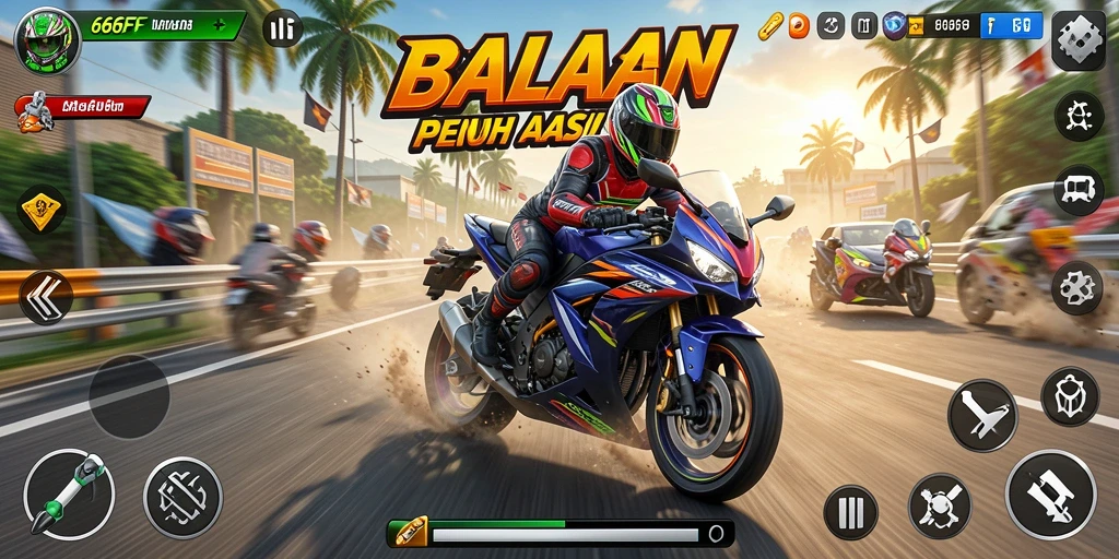 Screenshot gameplay 666FF dengan balapan motor yang mendebarkan.