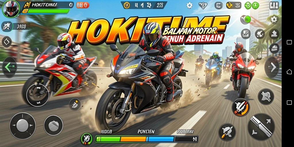 Gameplay HOKITIME menampilkan balapan motor seru dan grafis menawan.